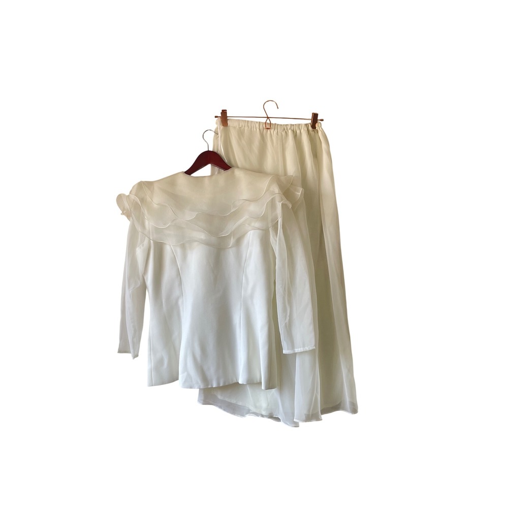 Vintage Alex Evenings White Organza Ruffle Blazer and Pant Set Size 8 - Picture 2 of 10